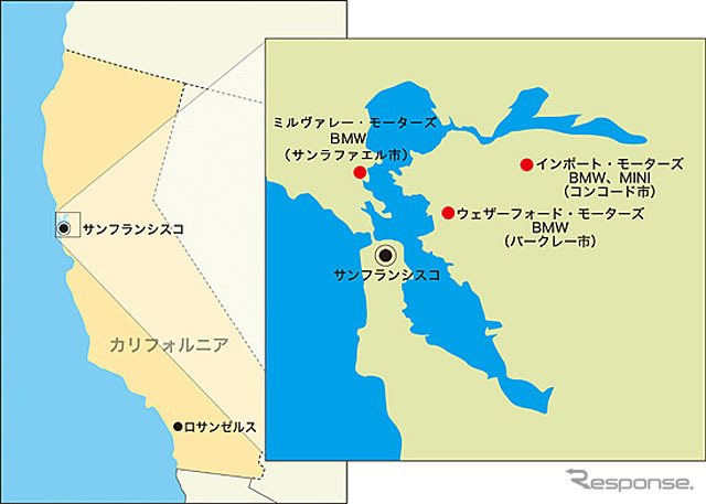 サンフランシスコ湾岸地域　BMW・MINI店舗マップ