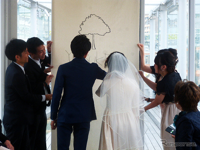 「マーチエキュート神田万世橋」で初めて行なわれた“電車すれすれの結婚式”(JR東日本ステーションリテイリング/みんなのウェディング、8月8日)