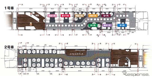 特急『花嫁のれん』で使用するキハ48形改造車の車内図。