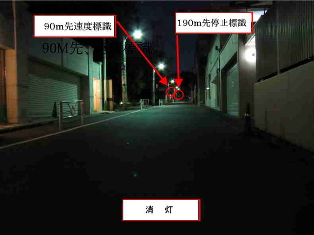 190m先に停止標識、90m先に速度標識が見える
