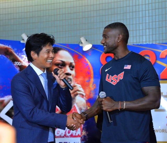 織田裕二とジャスティン・ガトリン選手【写真:竹内みちまろ】