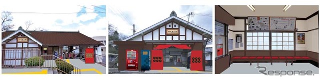 九度山駅の装飾イメージ。「六文銭」をあしらったのれんや幕も掲出する。