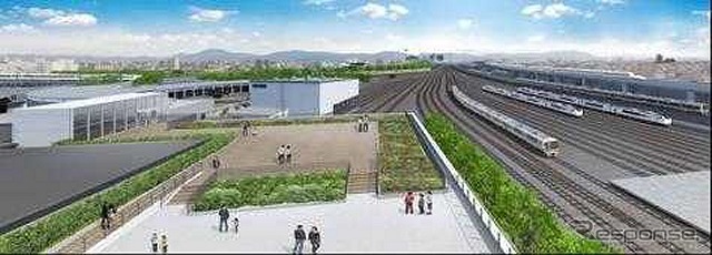京都鉄道博物館の屋外展望デッキ「スカイテラス」のイメージ。周辺を走るJRの列車も見ることができる。