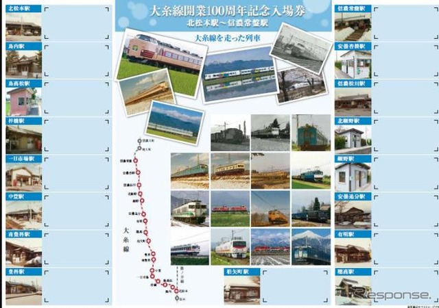 台紙中面には入場券を収納するスペースがあり、旧形国電や183系、115系など、大糸線を走った歴代車両の写真をデザインした。