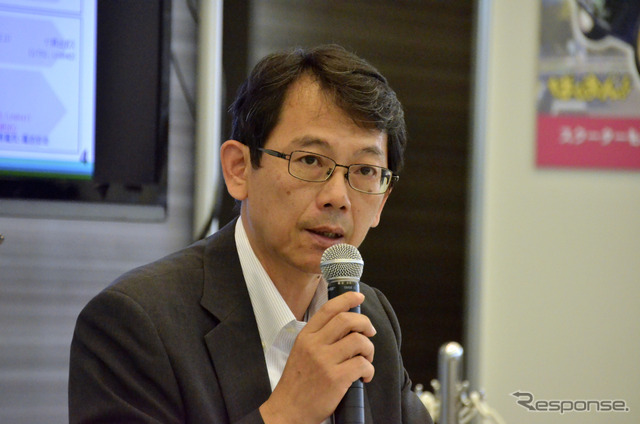 自工会二輪車特別委員会 渡部克明 副委員長(ヤマハ)。8月19日都内、二輪4社合同記者会見にて。