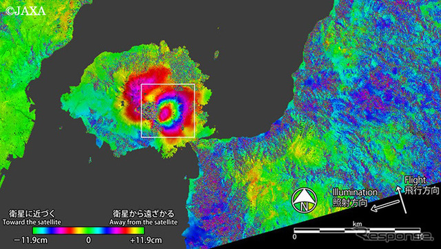 「だいち2号」による桜島の干渉SAR解析の画像(JAXA解析)