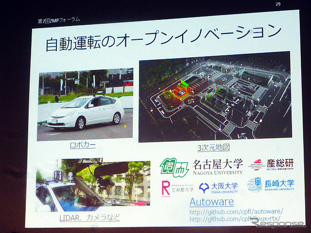 東京・六本木で開催されたZMPフォーラム(8月25~27日)のようす。25日には、名古屋大学情報科学研究科の加藤真平准教授による自動運転システム用オープンソフトウェア「Autoware」の解説も実施された