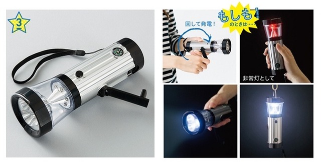 方位磁石付きで手回し充電式の「持っても置いても使えるライト」(画像はプレスリリースより)