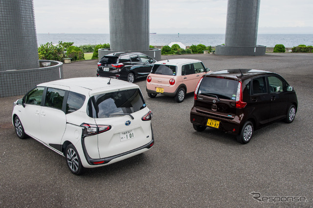 左から、トヨタ シエンタ、ホンダ  シャトル、スズキ ラパン、日産 デイズ