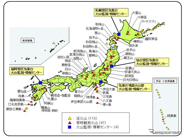火山監視・情報センターにおいて火山活動を24時間体制で監視している火山（常時観測火山）