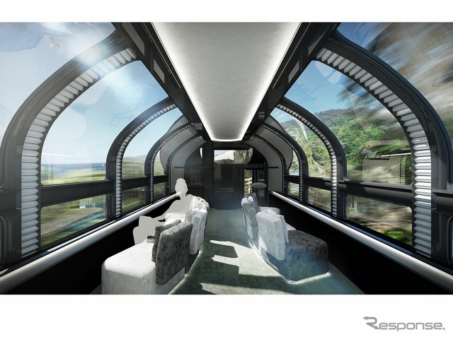 編成両端の1・10号車には展望室が設けられる。画像は1号車展望室(昼)のイメージ。
