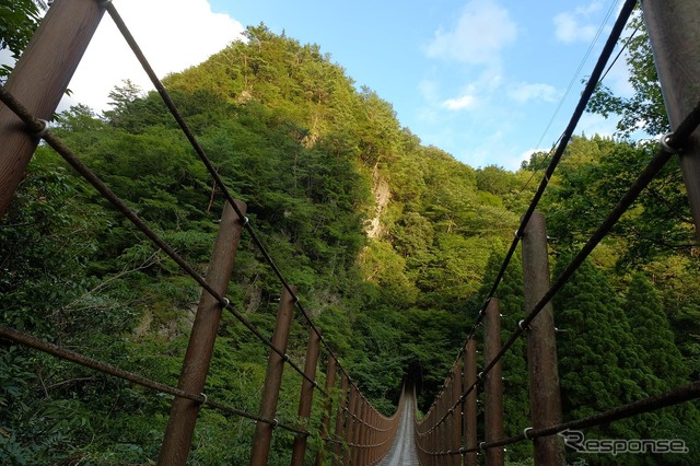 国道445号線から10分ほど山間（国道445号線も山間だが）に入ったところにある五家荘・樅木の吊橋。ほとんど人も訪れぬ静かな場所だ。