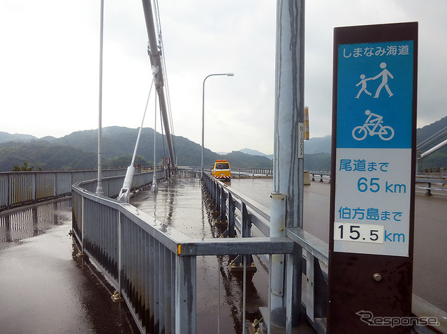 しまなみ海道の来島海峡大橋を走る。尾道まで65km