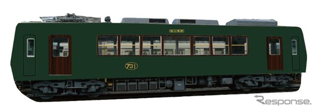 731号を改装した「ノスタルジック731」の側面イメージ。開業時に運用されていたデナ1形を模したデザインでまとめた。