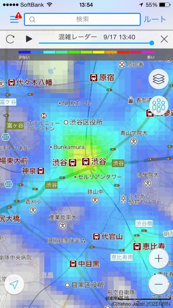 Yahoo!地図アプリ 混雑レーダー