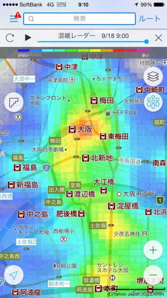 Yahoo!地図アプリ 混雑レーダー