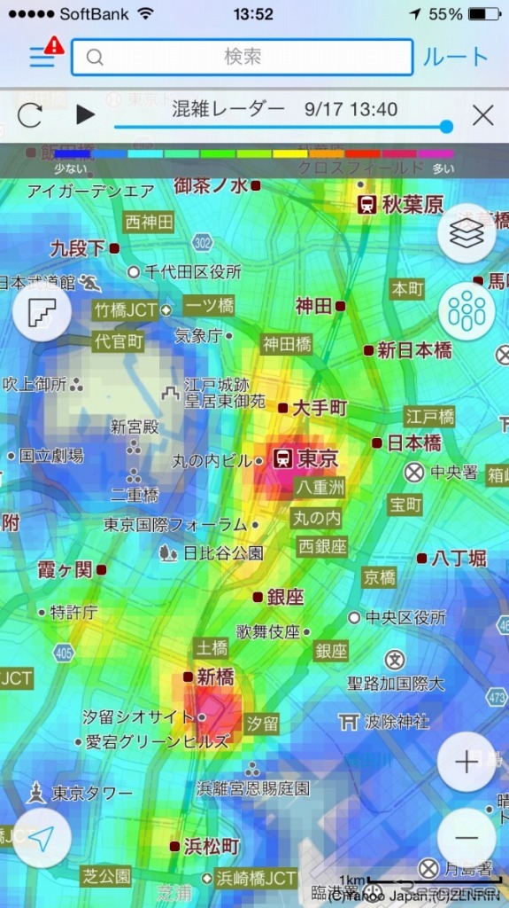 Yahoo!地図アプリ 混雑レーダー