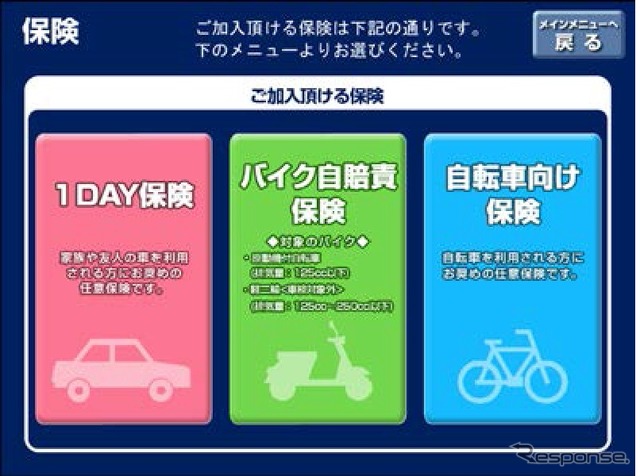 セブン-イレブンマルチコピー機の1日分の自動車保険「1DAY保険」（画面イメージ）