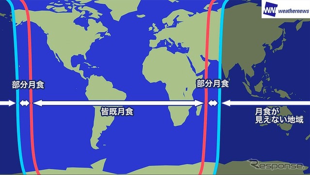 今回の皆既月食もしくは部分月食が見られるエリア。日本時間9月28日10時7分から部分月食、11時11分から皆既月食が始まる。皆既月食は約70分間継続。