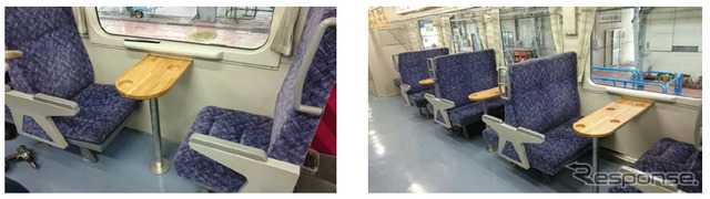 テーブルが取り付けられたキハ110系100番台の車内。10月3日から運行される。