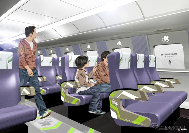 2号車は通常の自由席だが、「エヴァ」のデザインが施される。