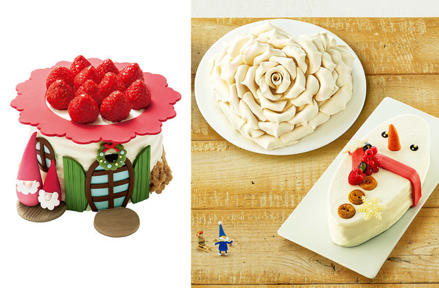 三越日本橋本店の15年クリスマスケーキ/【左】アニバーサリーの「House at little Christmas」(50点限定 7,560円)&【右上】マドモアゼルCの「Take my heart」(20点限定 12,960円)&【右下】オクシタニアルの「ホーリーナイト」(50点限定 5,400円)