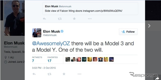 「モデルY」の車名をツイートしたテスラのイーロン・マスクCEOの公式Twitter
