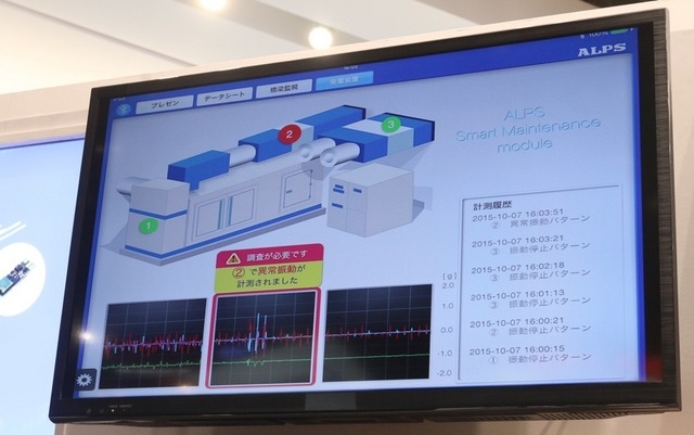 製造機械から異常な振動波形を検知すると画面にアラートが表示されていた(撮影:防犯システム取材班)
