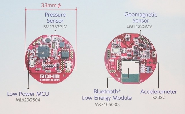 センサーメダルの内部構成。直径33mmの基板の中に、Bluetoothスマートモジュール、Low Power MCU、衝撃センサーや磁気センサー、加速度計などを備える(撮影:防犯システム取材班)