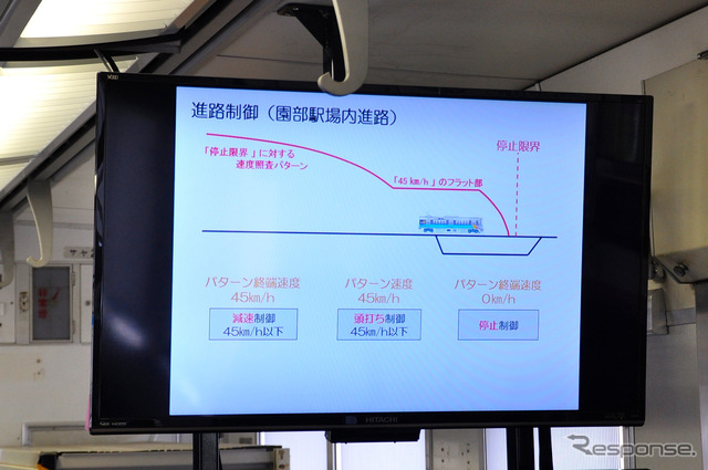 JR西日本は無線を使用した列車制御システムの試験走行を報道陣に公開した。園部駅進入時の速度照査パターンを示すディスプレイ