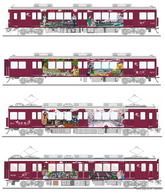 阪急は京都線に続いて神戸線と宝塚線でもラッピング列車を運行する。画像はわたせせいぞうさんのイラストで装飾された神戸線ラッピング車のイメージ。