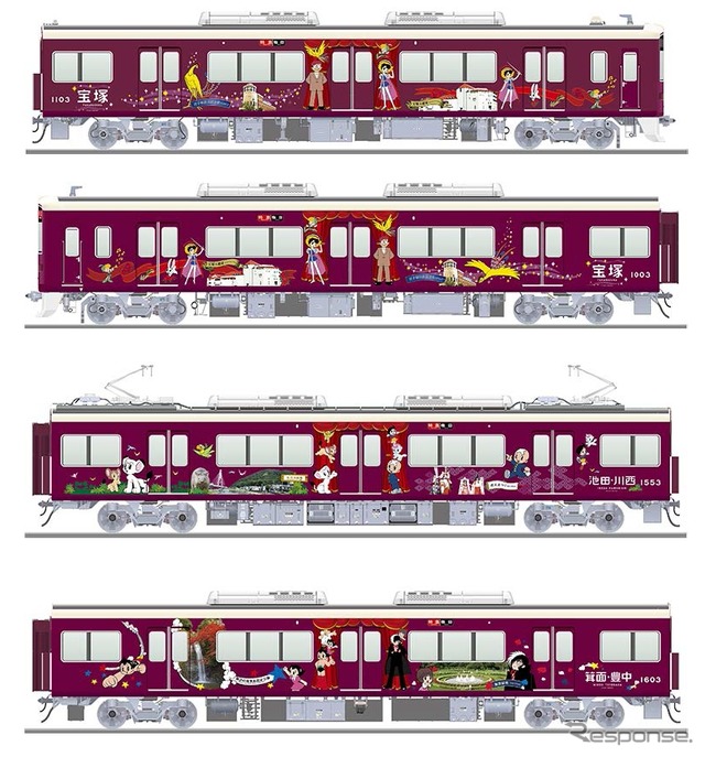 阪急は京都線に続いて神戸線と宝塚線でもラッピング列車を運行する。画像は手塚漫画キャラクターで装飾された宝塚線ラッピング車のイメージ。