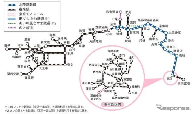 「東京・大阪『北陸アーチパス』」のフリーエリア。東京～北陸～関西間のJR線などが自由に乗り降りできる。