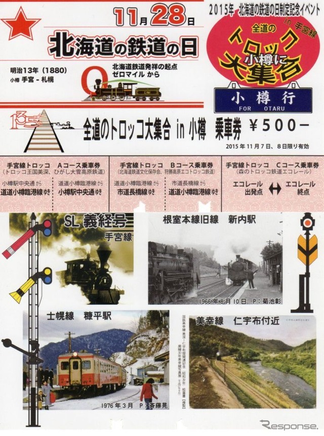 発売された乗車券。乗車したトロッコには懐かしい入鋏が入る。裏面(下)には各トロッコゆかりの鉄道写真が入っている。