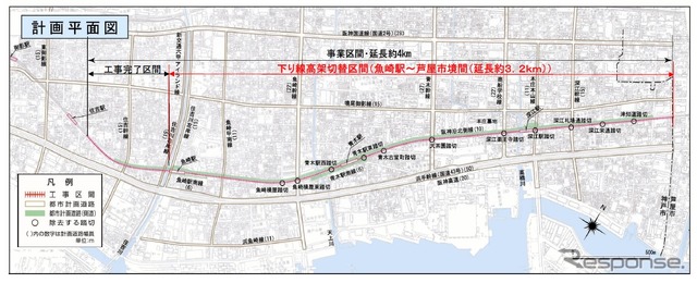 連立事業の事業区間。魚崎~住吉間の高架化は既に完了している。