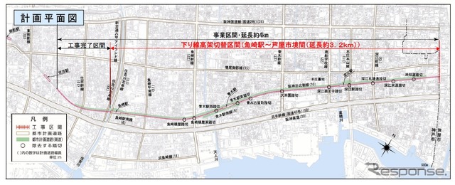 連立事業の事業区間。魚崎～住吉間の高架化は既に完了している。