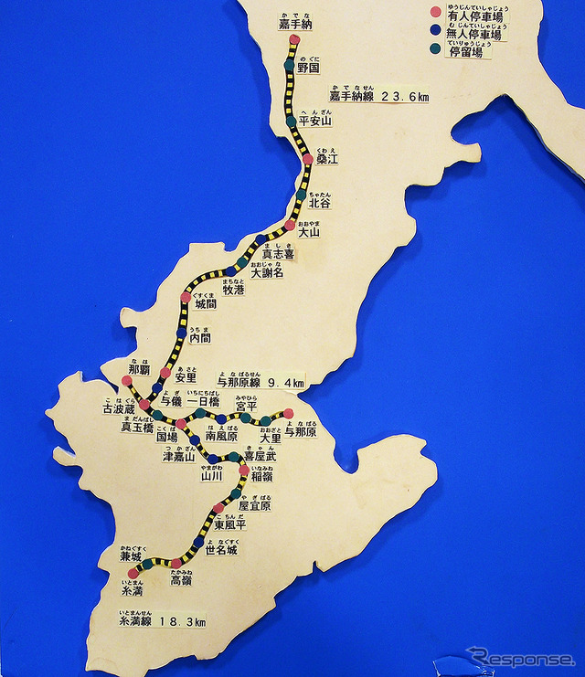 沖縄県営鉄道(ケイビン)、与那原線、糸満線、嘉手納線の路線イメージ