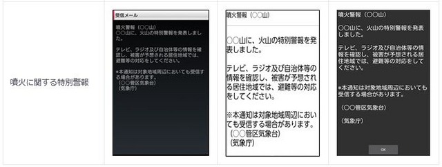 噴火に関する特別警報を受信した際の各キャリアの表示例（画像はプレスリリースより）