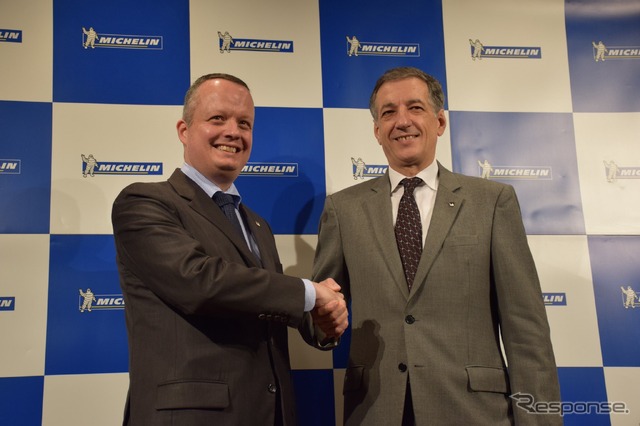 日本ミシュランタイヤ ポール・ペリニオ新社長（左）とベルナール・デルマス新会長（右）