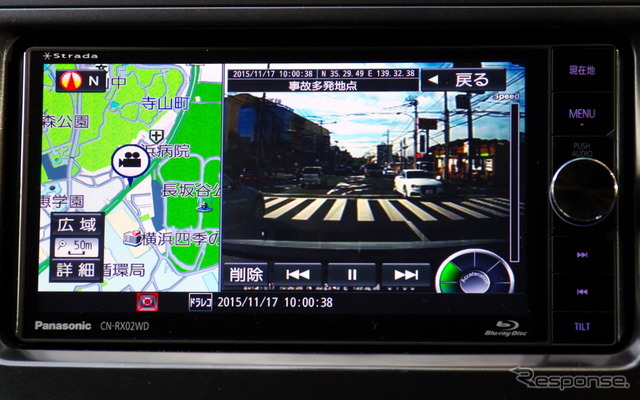 映像再生画面には同時に地図表示も可能。どの場所を走った映像かが判別できる