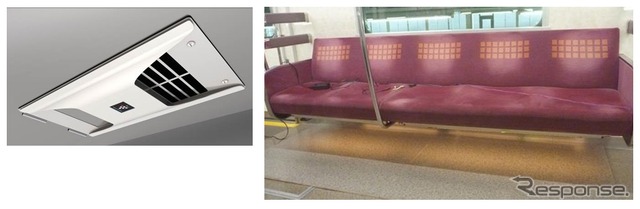 新開発の鉄道車両用プラズマクラスター(左)と足元照明(右、既存車両を使った点灯試験)も導入する。