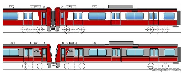 2007年から導入されている車両は一部無塗装としたステンレス車体(下)だが、1800番台は赤白のフィルムで全体を装飾(上)。従来のアルミ車のイメージに近づける。