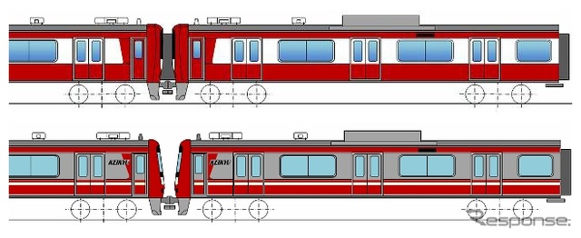 2007年から導入されている車両は一部無塗装としたステンレス車体（下）だが、1800番台は赤白のフィルムで全体を装飾（上）。従来のアルミ車のイメージに近づける。