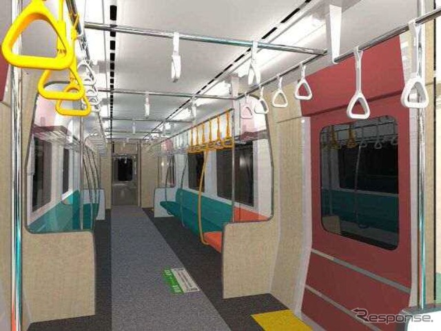 『はこだてライナー』に投入される733系1000番台の車内イメージ。ロングシートを基本とし、側扉付近には木目調のパーティーションが取り付けられる。