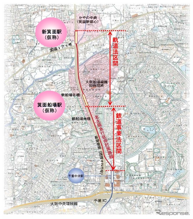 北急の延伸区間。千里中央駅から新御堂筋を北上して箕面新都心を結ぶ。