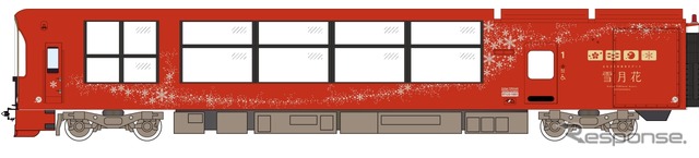 車体は銀朱色をベースに「雪」「月」「花」のデザインを採り入れる。画像は1号車側面のイメージ。