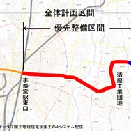 宇都宮ライトレールの路線図。宇都宮駅東口から芳賀工業団地までを優先整備区間として2019年12月までの開業を目指している。