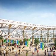 再開発地区から見た品川新駅のイメージ。大きなガラス面で駅と街を一体化した空間を演出する。