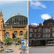 フランクフルト中央駅（左）と東京駅（右）。JR東日本は両駅の姉妹駅1周年を記念したイベントを東京駅で行う。