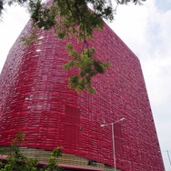 ホテルの背後から。全体がこの赤いパネルで覆われている